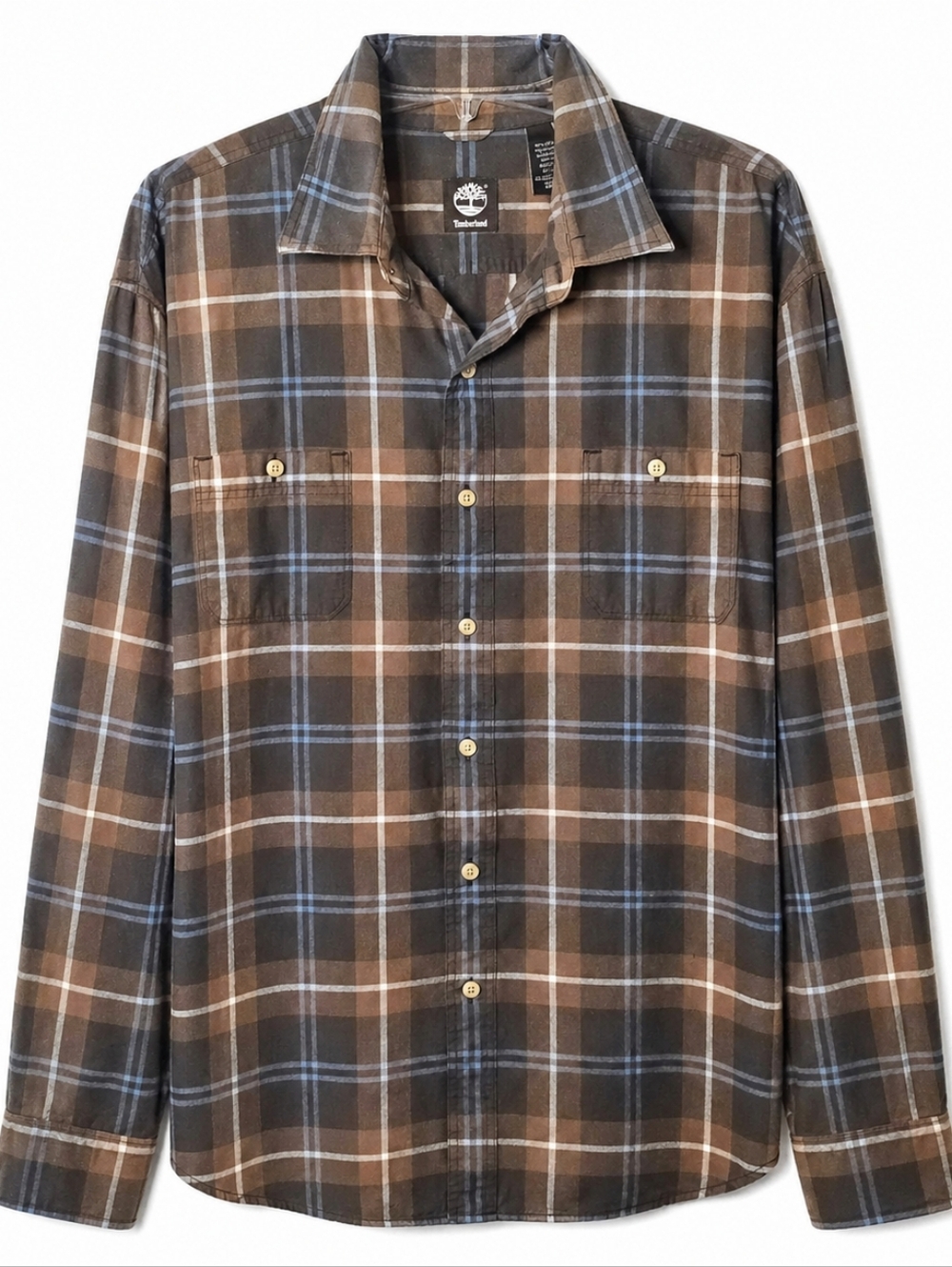Timberland Plaid Button Shirt 2XL Brown Blue Cotton Casual Classic Earth Tones